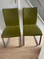 Hülsta 2 eetkamerstoelen groen leder/ mat chromen sledepoot, Huis en Inrichting, Stoelen, Ophalen, Gebruikt, Twee, Overige kleuren