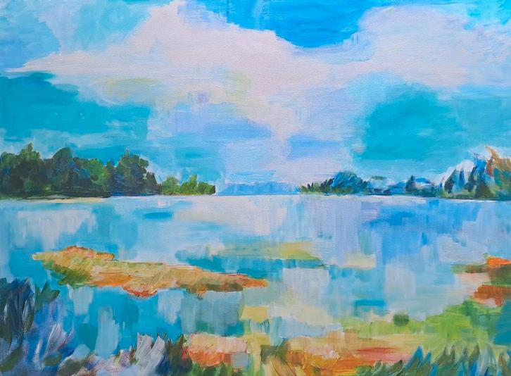 Zomers Landschap met Meer, Antiek en Kunst, Kunst | Schilderijen | Klassiek, Ophalen of Verzenden