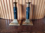 Twee kandelaars / Messing met natuursteen / 17 centimeter, Brons of Koper, Ophalen of Verzenden, Zo goed als nieuw, Kandelaar