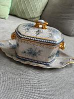 Vintage pot schaal aardewerk blauw goud bladvorm portugal, Ophalen of Verzenden