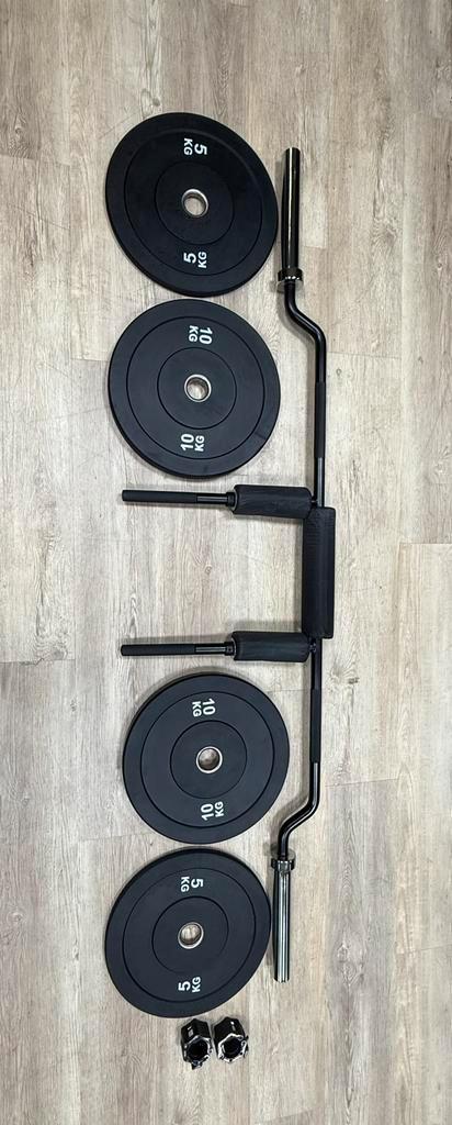 Nieuwe zwart squat bar/halterstang + bumperplates en collars, Sport en Fitness, Fitnessmaterialen, Nieuw, Verzenden