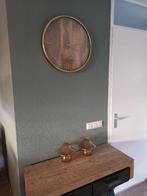 wandklok mangohout metaal goudkleurig diameter 50cm, Ophalen, Zo goed als nieuw, Analoog, Wandklok