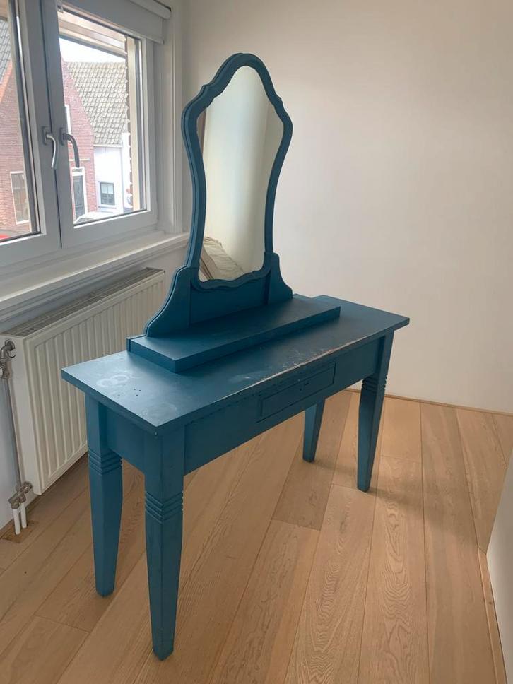 Blauwe Vintage Kaptafel met Spiegel, Huis en Inrichting, Tafels | Kaptafels, Gebruikt, 150 tot 200 cm, 100 tot 150 cm, Hout, Ophalen