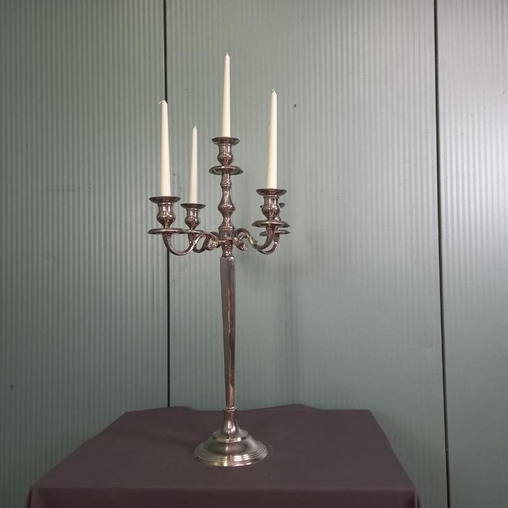 Vintage vernikkelde kandelaar met 5 armen, Huis en Inrichting, Woonaccessoires | Kandelaars en Kaarsen, Gebruikt, Kandelaar, 75 cm of meer