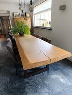 Boomstamtafel met 6 stoelen., Huis en Inrichting, Tafels | Eettafels, Ophalen, Gebruikt, 200 cm of meer, 50 tot 100 cm