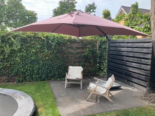 Hawaii zweefparasol 300x300 cm (kleur taupe) met parasolvoet, Tuin en Terras, Parasols, Zo goed als nieuw, Zweefparasol, 3 tot 4 meter