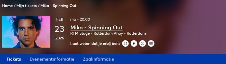 2 tickets voor Mika Spinning Out Tour 23 februari Rotterdam, Tickets en Kaartjes, Concerten | Pop, Twee personen, Februari