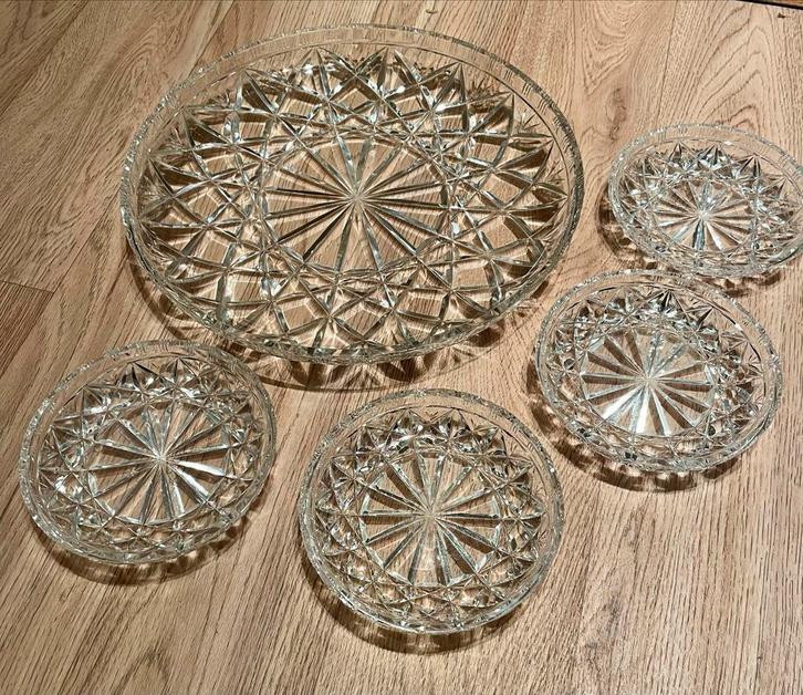 Kristallen Gebakservies - 5 Delig, Antiek en Kunst, Antiek | Glas en Kristal, Ophalen