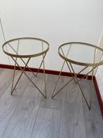 Set van 2 gouden bijzettafels met glazen blad, Huis en Inrichting, Tafels | Bijzettafels, Minder dan 45 cm, Minder dan 55 cm, Ophalen of Verzenden