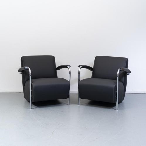 2x Leolux Scylla fauteuils zwart leder - chromen buisframe, Huis en Inrichting, Fauteuils, Zo goed als nieuw, Leer, Ophalen of Verzenden