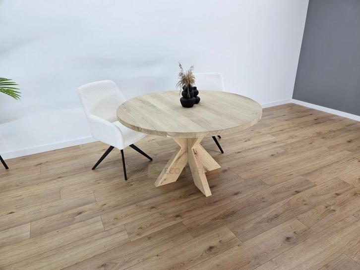 Eiken ronde tafel met eiken matrixpoot, Huis en Inrichting, Tafels | Eettafels, Nieuw, Eikenhout