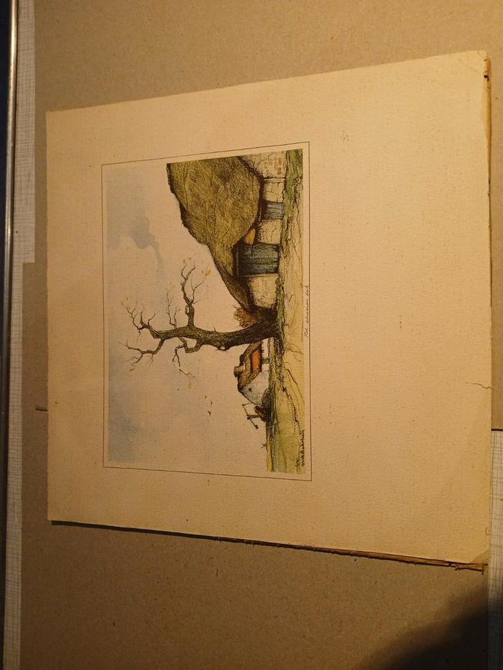 Schilderij van een boerderij met boom, Antiek en Kunst, Kunst | Etsen en Gravures, Ophalen of Verzenden