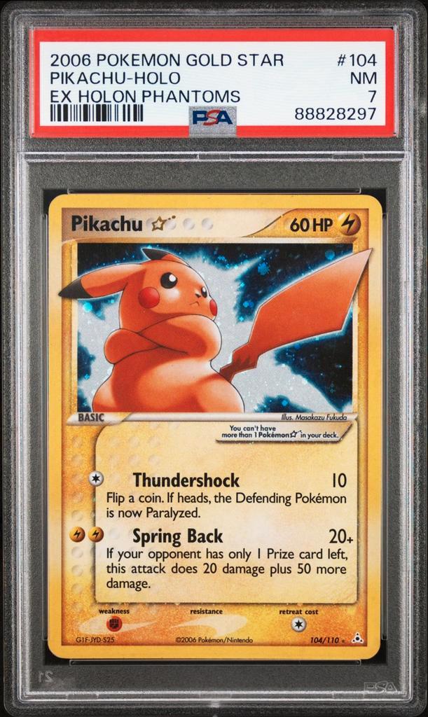 Pikachu Gold Star Holon Phantoms PSA 7, Hobby en Vrije tijd, Verzamelkaartspellen | Pokémon, Zo goed als nieuw, Losse kaart, Foil