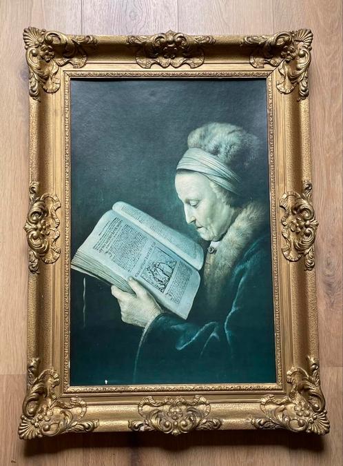 Grote goudkleurige lijst met Lezende oude vrouw van G. Dou, Antiek en Kunst, Kunst | Schilderijen | Klassiek, Ophalen