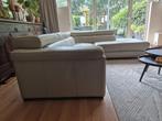 Crème lederen hoekbank met longchair, Ophalen, 250 tot 300 cm, Gebruikt, 100 tot 125 cm