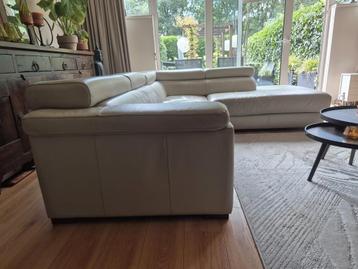 Crème lederen hoekbank met longchair