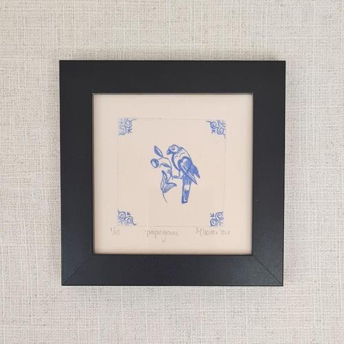 Print ets, Delfts Blauwe Tegel Papegaai, Zwarte lijst 10x10, Antiek en Kunst, Kunst | Etsen en Gravures, Ophalen of Verzenden