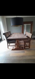 Teakhouten kloostertafel met eventueel bankje en stoelen, Gebruikt, 100 tot 150 cm, Teakhout, 200 cm of meer