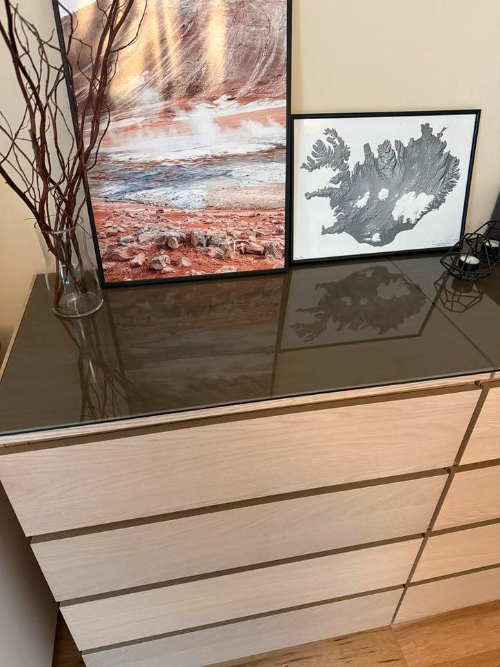 IKEA MALM glasplaat 160x48 cm - grijze kleur, Huis en Inrichting, Kasten | Dressoirs, Gebruikt, 150 tot 200 cm, 25 tot 50 cm, Met lade(s)