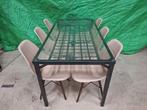 Ijzeren tafel met glazen plaat en 6 stoelen, Tuin en Terras, Ophalen, Overige materialen