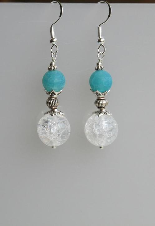 Prachtige oorbellen met crackle Bergkristal, Sieraden, Tassen en Uiterlijk, Oorbellen, Nieuw, Hangers, Zilver, Blauw, Met edelsteen