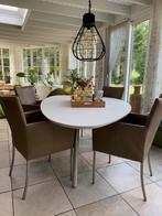 4 eetkamerstoelen taupe leer Bert Plantagie, Gebruikt, Overige kleuren, Ophalen of Verzenden, Metaal