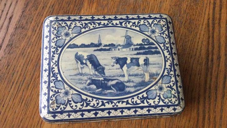 Oud Delfts blauw blikje trommeltje landelijk design, Verzamelen, Blikken, Gebruikt, Overige, Ophalen of Verzenden