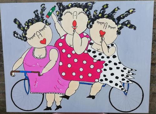 Dikke Dames op de fiets Acryl/doek. 60/80 cm., Huis en Inrichting, Woonaccessoires | Wanddecoraties, Nieuw, Ophalen