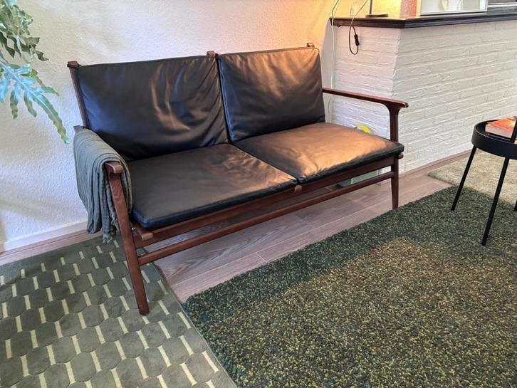 Houten / Leren bankje 2 persoons Stellar Works Rén, Huis en Inrichting, Banken | Bankstellen, Gebruikt, Rechte bank, Tweepersoons