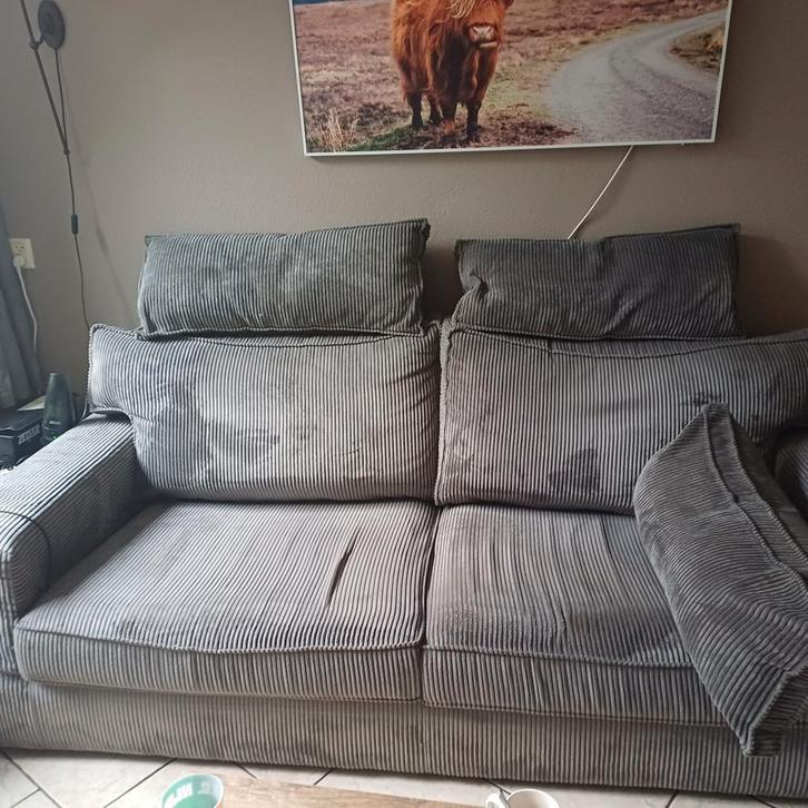 Grijze Ribstof Bank - Comfortabel & Stijlvol, Huis en Inrichting, Banken | Bankstellen, Gebruikt, Rechte bank, Driepersoons, 200 tot 250 cm
