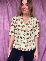 Vintage blouse met kersen print - groen/rood - 38/M, Kleding | Dames, Blouses en Tunieken, Groen, Gedragen, Maat 38/40 (M), Vintage