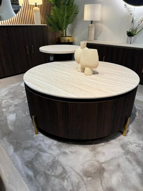 salontafels eetkamertafels travertin fineer rond marmer, Huis en Inrichting, Tafels | Salontafels, Nieuw, Minder dan 50 cm, 50 tot 100 cm