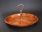 vintage dienblad geweven geperst hout greep mid century., Ophalen of Verzenden, Gebruikt, Rond, Hout