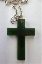 Jade kruisje aan zilveren ketting (7966-5635), Groen, Ophalen of Verzenden, Zo goed als nieuw, Zilver