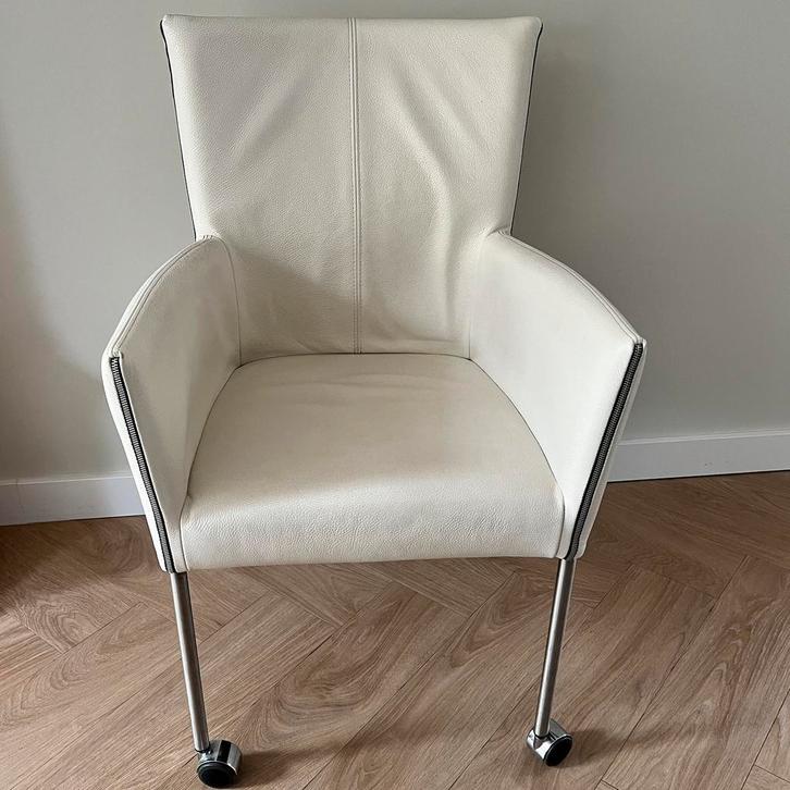 4 leren roomwitte eetkamerstoelen, Huis en Inrichting, Stoelen, Gebruikt, Vier, Leer, Wit, Ophalen