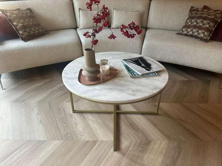 Salontafel tafel rond marmer messing goud bijzettafel, Huis en Inrichting, Tafels | Salontafels, Zo goed als nieuw, Minder dan 50 cm