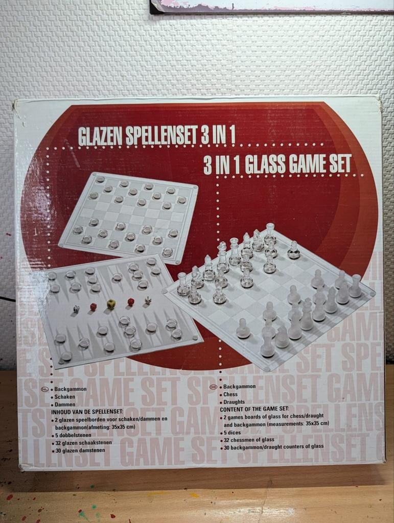 Glazen Spelset 3 in 1 - Schaken, Dammen, Backgammon, Hobby en Vrije tijd, Gezelschapsspellen | Bordspellen, Een of twee spelers