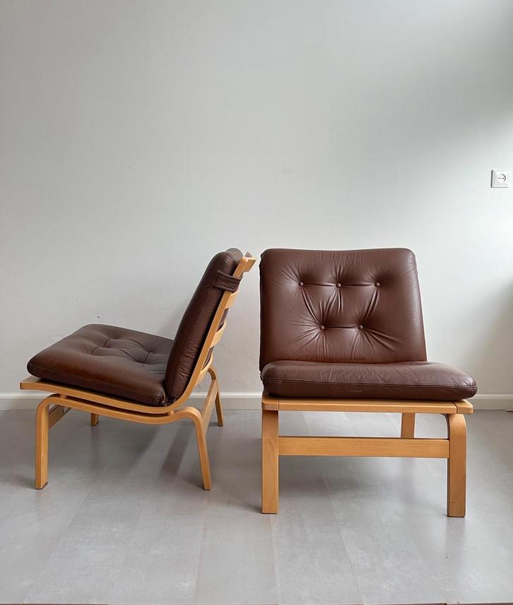 Vintage fauteuils Karl-Erik Ekselius, jaren 60/Deens design, Huis en Inrichting, Fauteuils, Gebruikt, Hout, Leer, 50 tot 75 cm