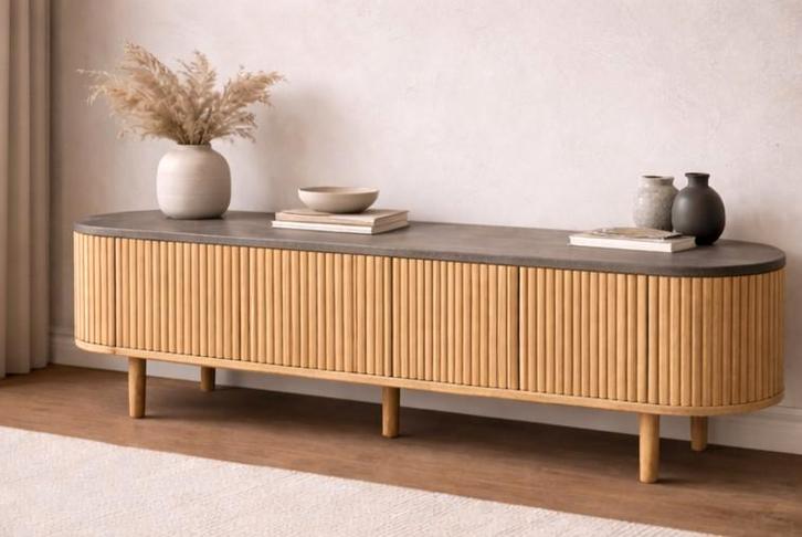 Japandi TV Meubel Betonlook - Maatwerk Opties, Huis en Inrichting, Kasten | Televisiemeubels, Nieuw, Minder dan 100 cm, 150 tot 200 cm