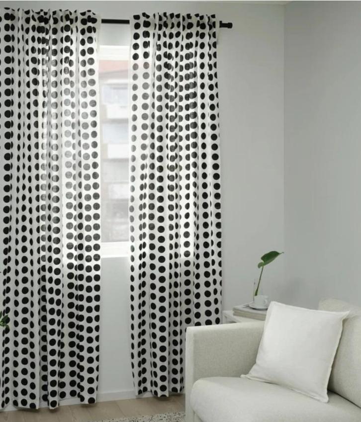 Gordijnen (6x) (258x145cm) zwart wit bolletjes, Huis en Inrichting, Stoffering | Gordijnen en Lamellen, Zo goed als nieuw, 200 cm of meer