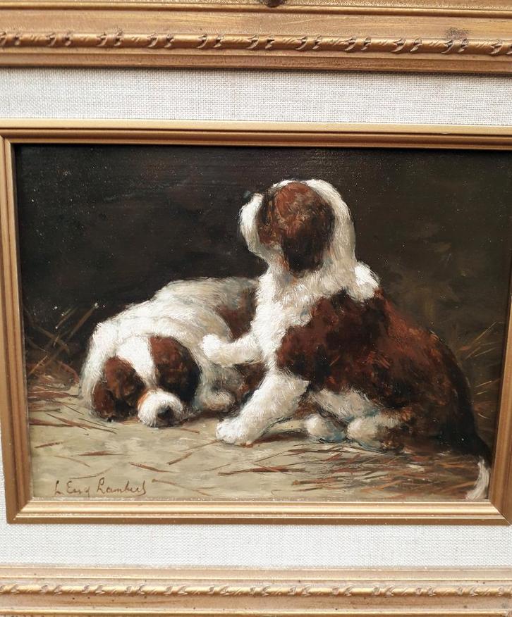 Louis Eugène Lambert (1825-1900), Sint-Bernard  pups, Antiek en Kunst, Kunst | Schilderijen | Klassiek, Ophalen of Verzenden