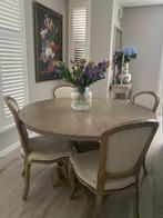 Ronde eettafel van gebakken eikenhout /140cm/ en 4 stoelen., Ophalen, Gebruikt, 50 tot 100 cm, 100 tot 150 cm