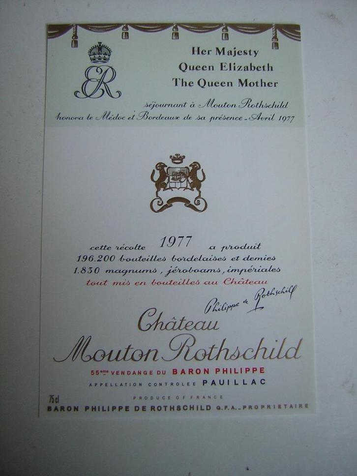 Origineel Chateau Mouton Rothschild Wijn Etiket 1977, Verzamelen, Wijnen, Nieuw, Rode wijn, Frankrijk, Ophalen of Verzenden