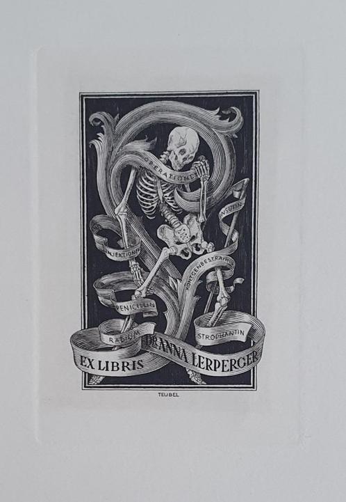 Exlibris / Ex libris F. Teubel, medisch, skelet, Antiek en Kunst, Kunst | Etsen en Gravures, Verzenden