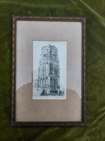 Ets Groote kerk Rotterdam, gesigneerd C. Verhoeven. beschikbaar voor biedingen