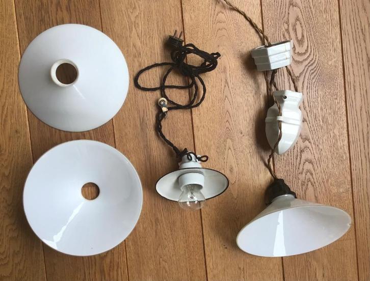 Antieke schoenmakerslamp 3 glaskappen en katrol - emaille, Antiek en Kunst, Antiek | Lampen, Ophalen of Verzenden