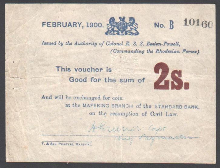 South Africa 2 Shillings Februari 1900 Siege of Mafeking, Postzegels en Munten, Bankbiljetten | Afrika, Los biljet, Zuid-Afrika