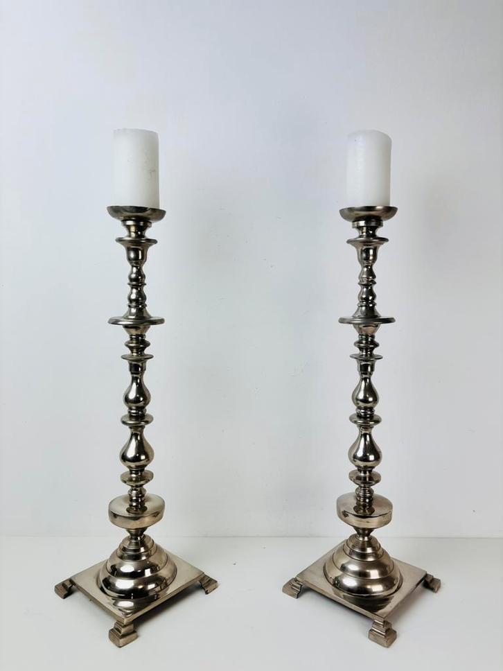 2 lange messing verchroomd kandelaars, Antiek en Kunst, Antiek | Kandelaars, Koper of Brons, Ophalen of Verzenden