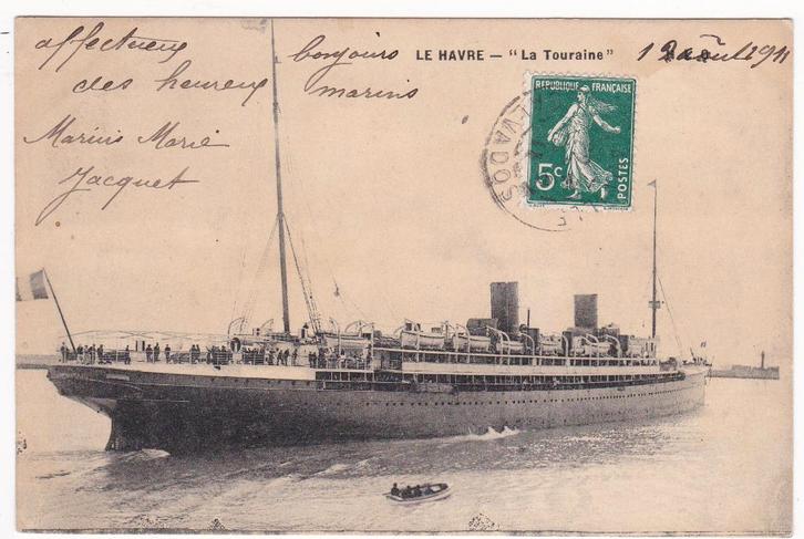 Schip - Trans-Atlantisch Passagiersschip La Touraine - 1911, Verzamelen, Scheepvaart, Gebruikt, Kaart, Foto of Prent, Verzenden