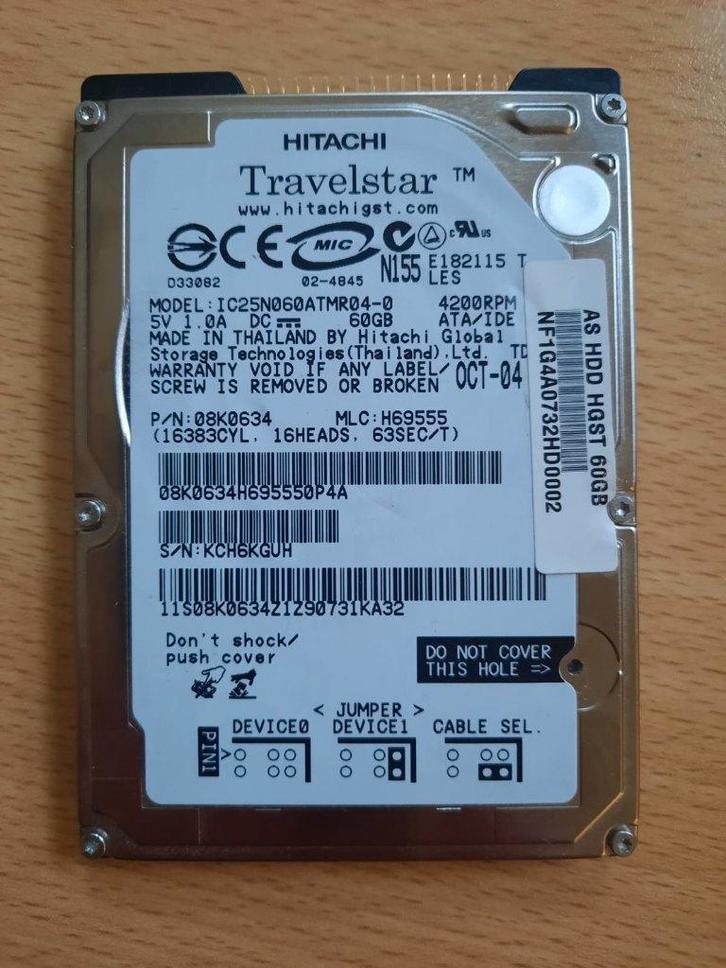 HITACHI Travelstar 60GB Internal IDE 4200RPM 2.5" HDD, Computers en Software, Harde schijven, Zo goed als nieuw, Laptop, Intern